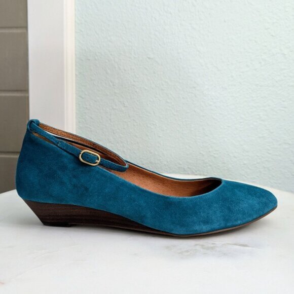 Madewell Shoes - NEW Madewell Teal/Turquoise Suede Ankle Strap Mini Wedge 7.5